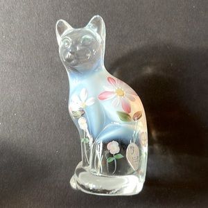 Fenton Cat Figurine- 5 inch tall, clear/white with flowers